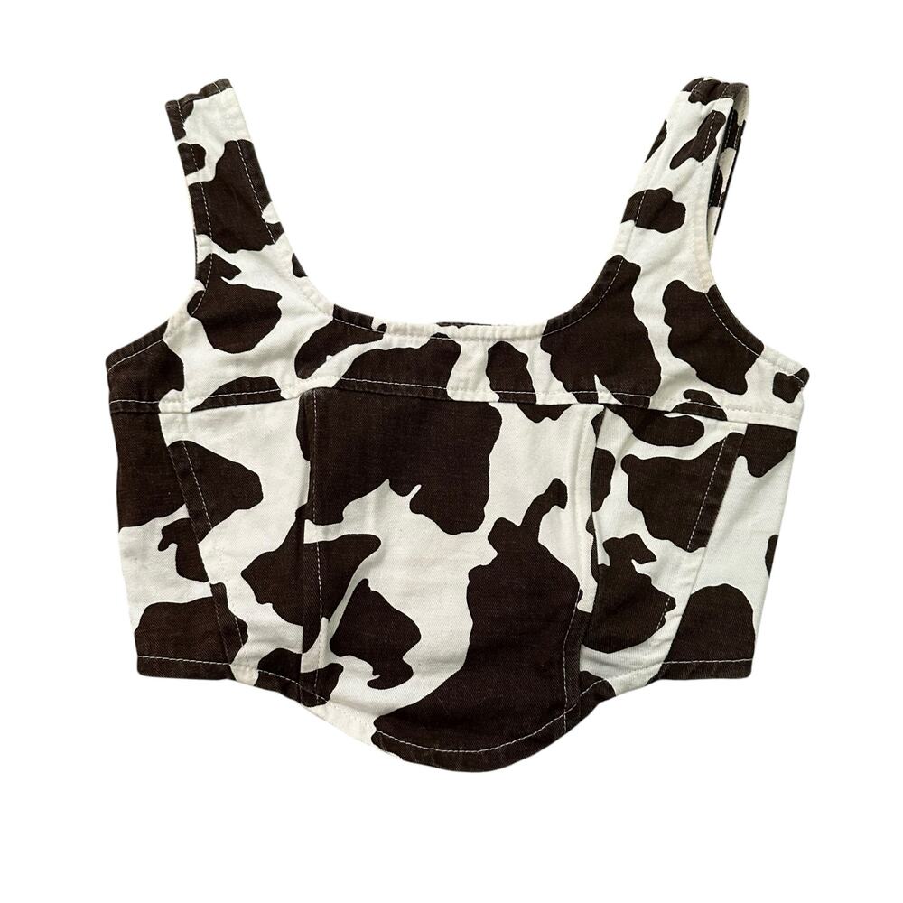 Lonestar white & brown cow print crop tank top size S